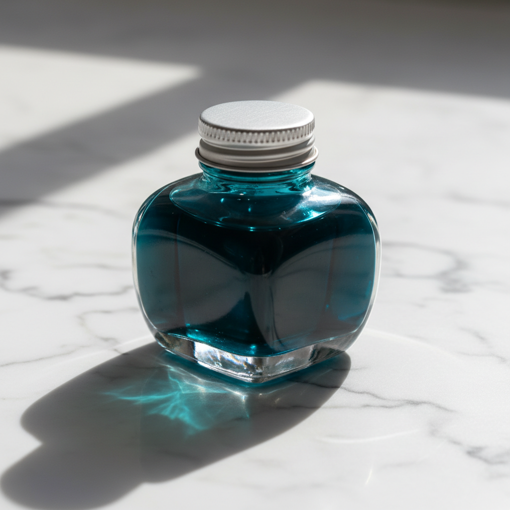 Close-up of a deep teal ink bottle with light refracting through the glass, sitting on a white marble surface beside a cream notecard with ink swatches