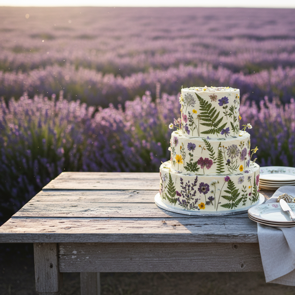 Multi-tier cake with pressed wildflowers on weathered wood table at lavender farm