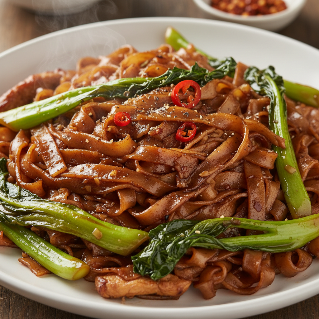 Pad See Ew with broad rice noodles and Chinese broccoli, caramelized soy glaze