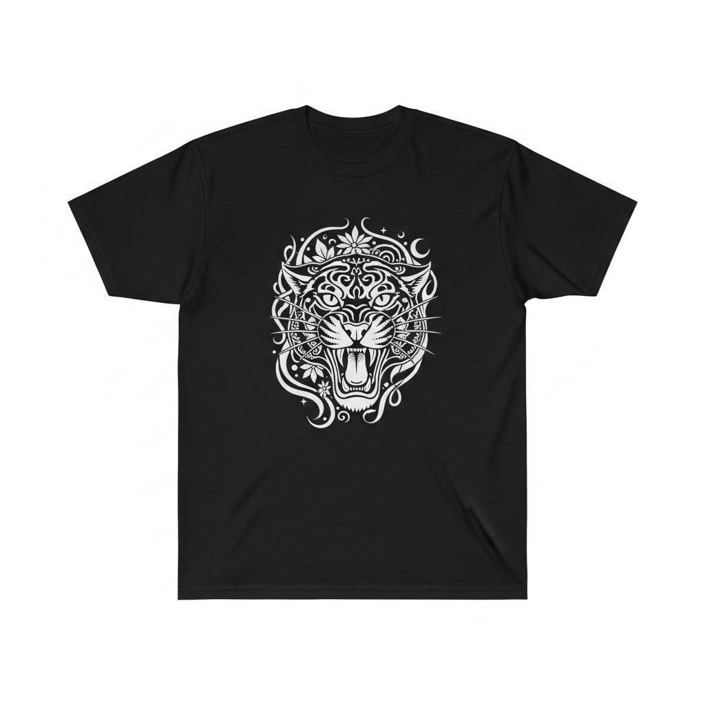 Black graphic tee with bold original linework art printed center chest