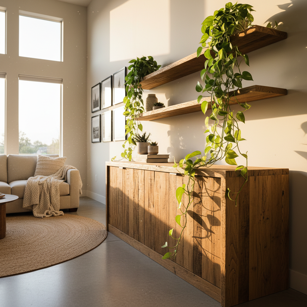 Sun-filled living room with reclaimed oak credenza and trailing pothos plant on open shelving