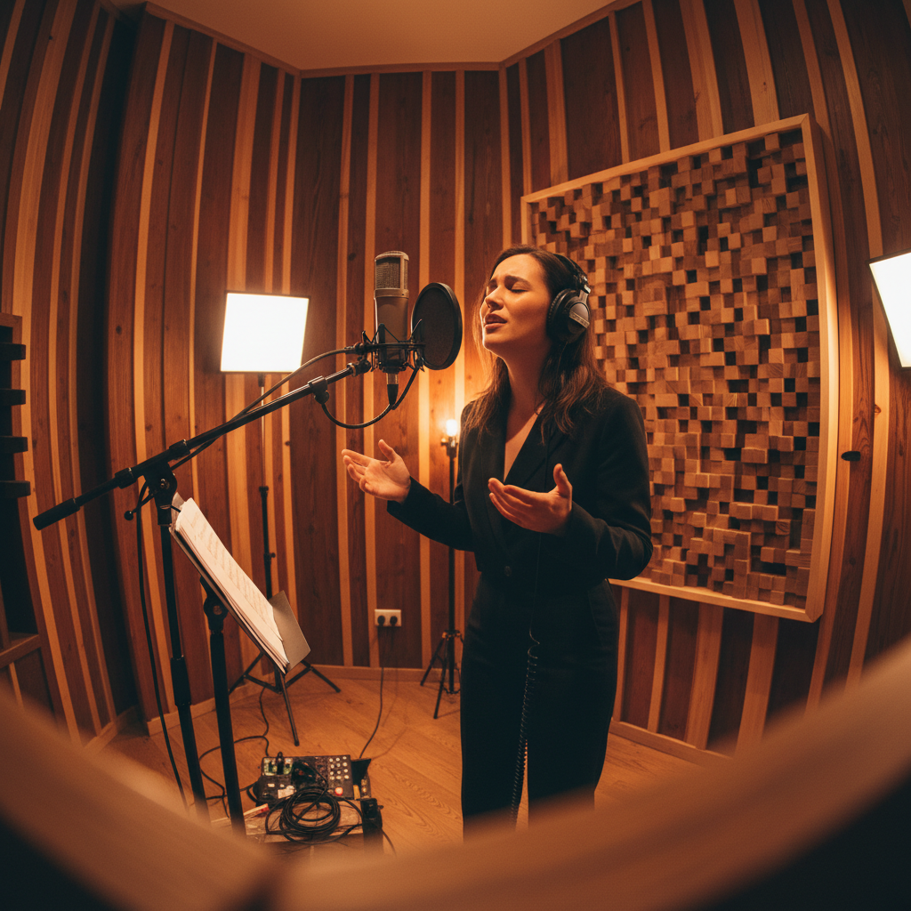 Female vocalist recording in a beautifully designed studio space with warm lighting and wood panels