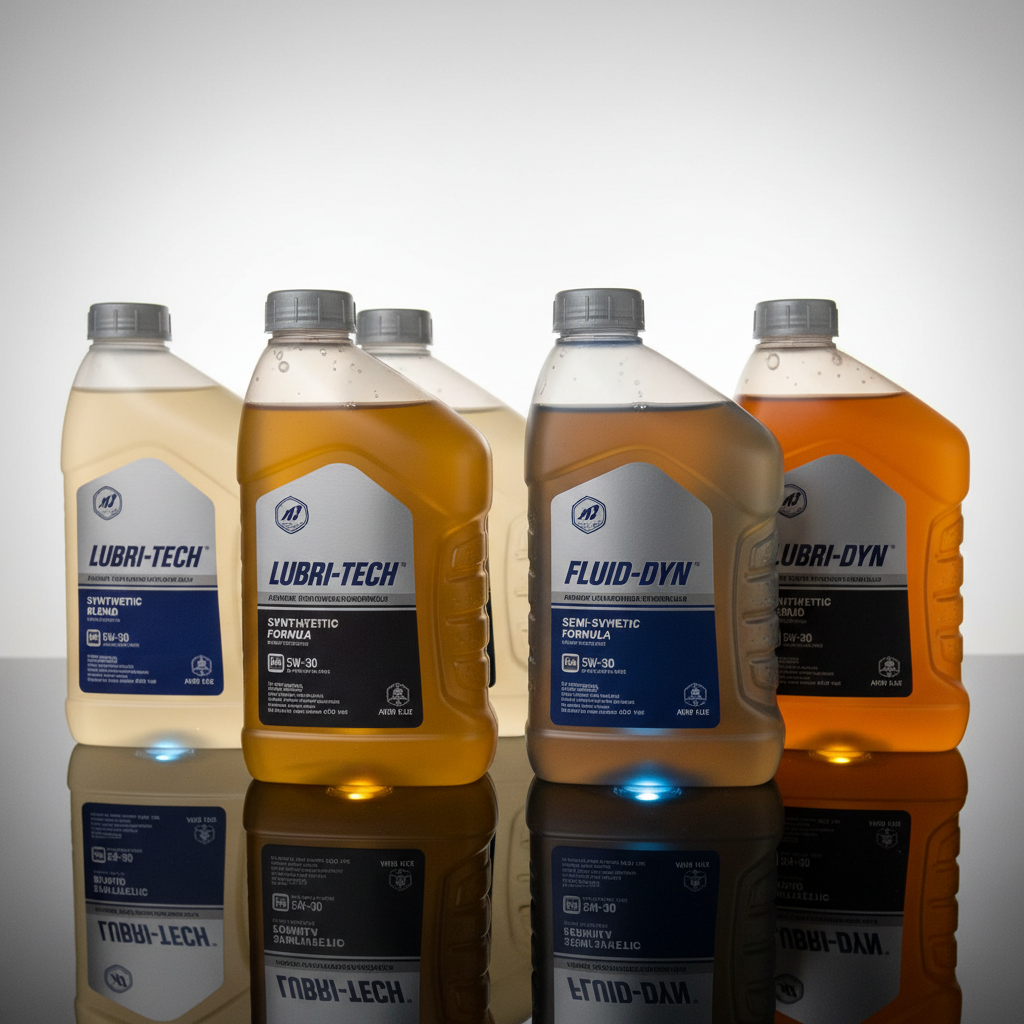 Engine oil bottles and lubricants on dark industrial shelf with amber lighting