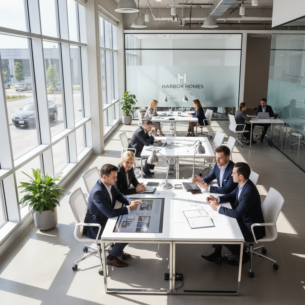 Agente inmobiliario profesional mostrando propiedades a clientes en oficina moderna