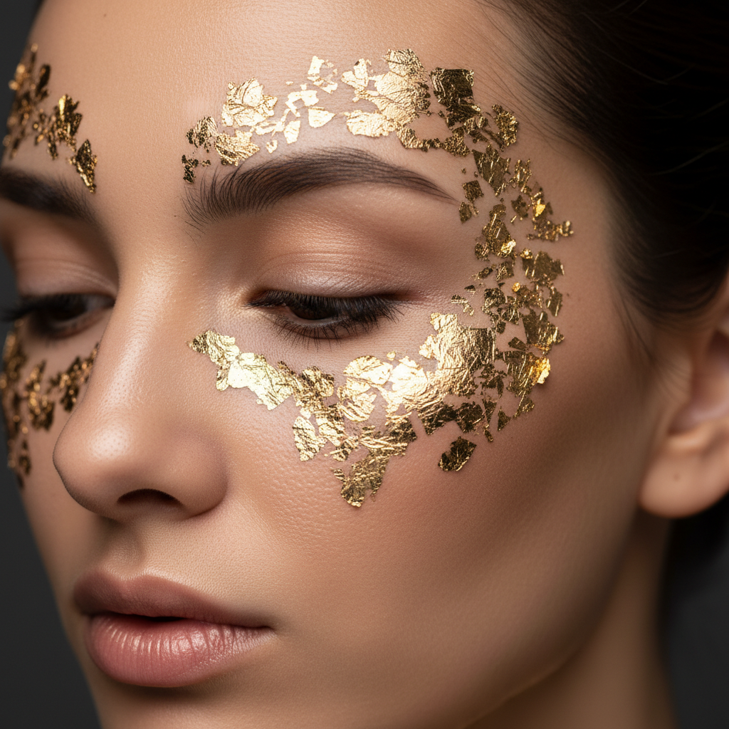 Editorial portrait with gold leaf details applied to eyelids and cheekbones against black backdrop