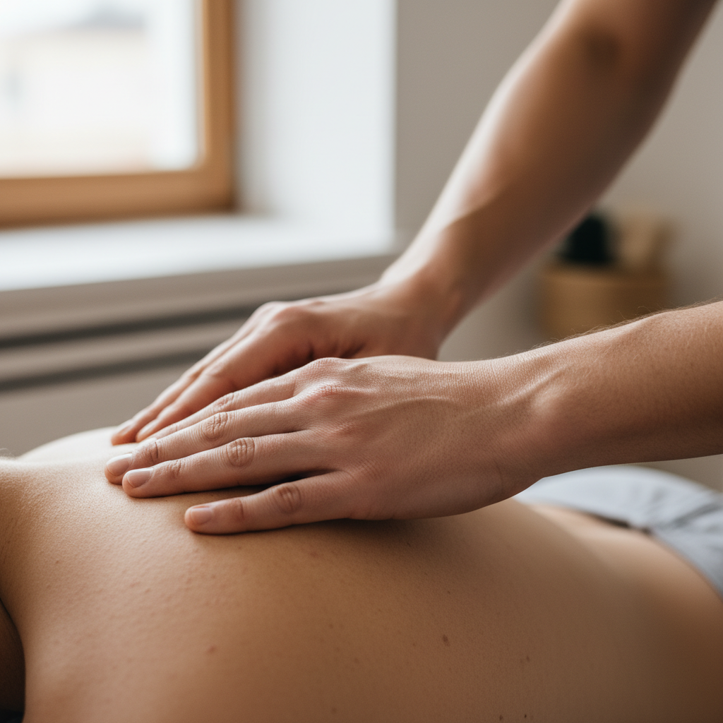 Therapist hands performing gentle palpation technique on patient shoulder area