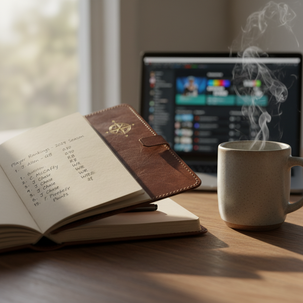 Leather-bound notebook open to handwritten player rankings with a ceramic mug steaming beside it, shallow depth of field with laptop showing fantasy sports in background