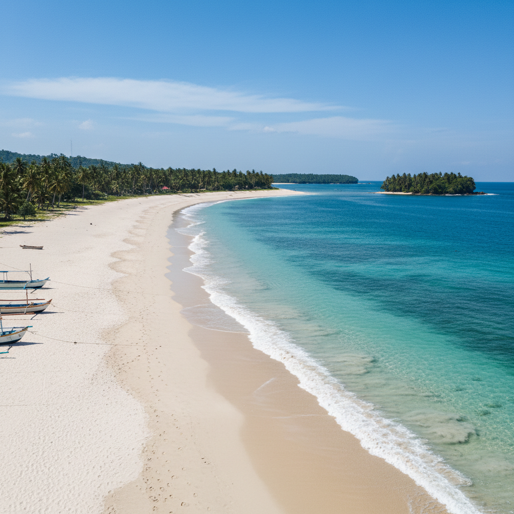 Tropical Philippine beach with turquoise water, white sand, coconut palms, bright sunny day, aerial perspective