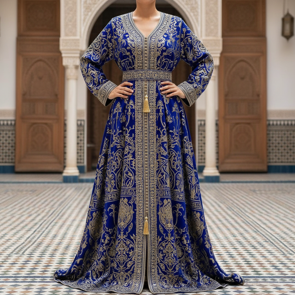 Flowing Moroccan kaftan in deep emerald green with gold trim and intricate embroidery at neckline, elegant studio