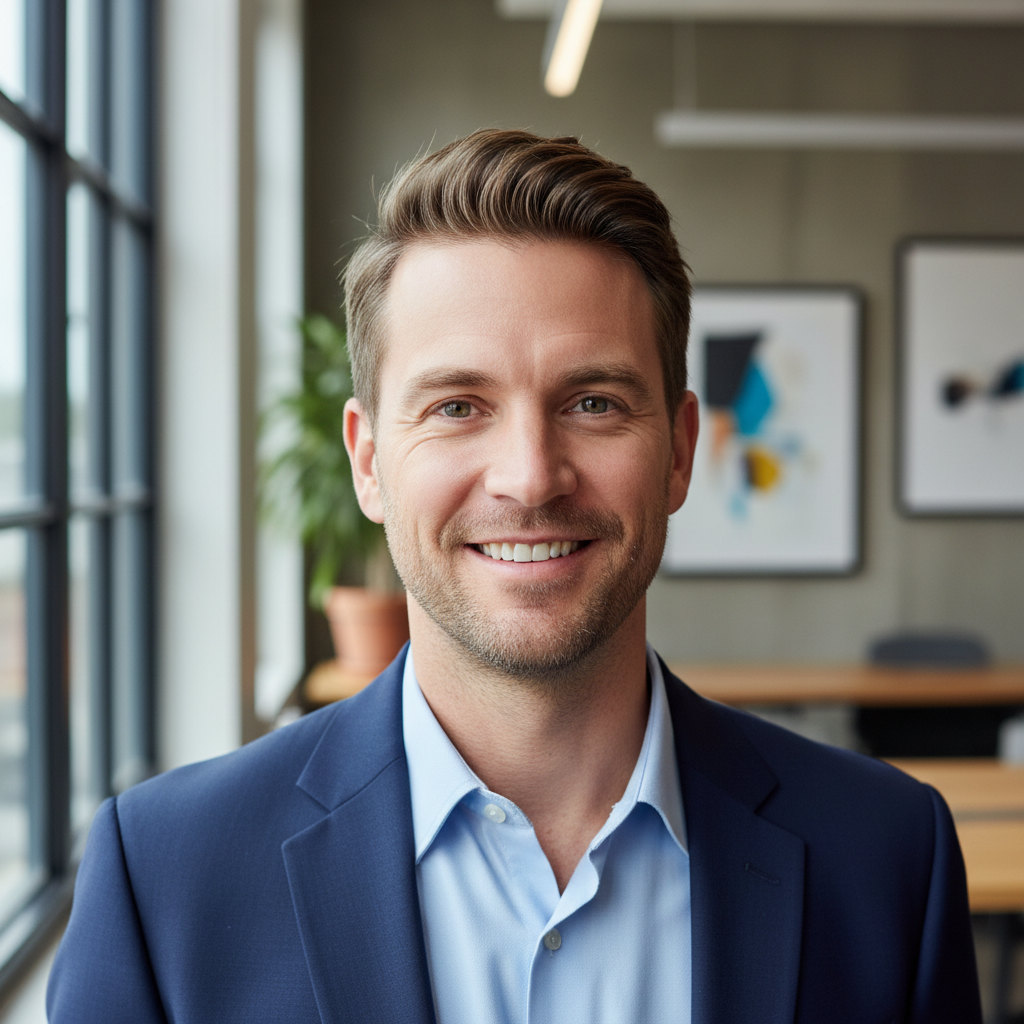 Professional headshot of a male creative director with warm expression in design studio setting