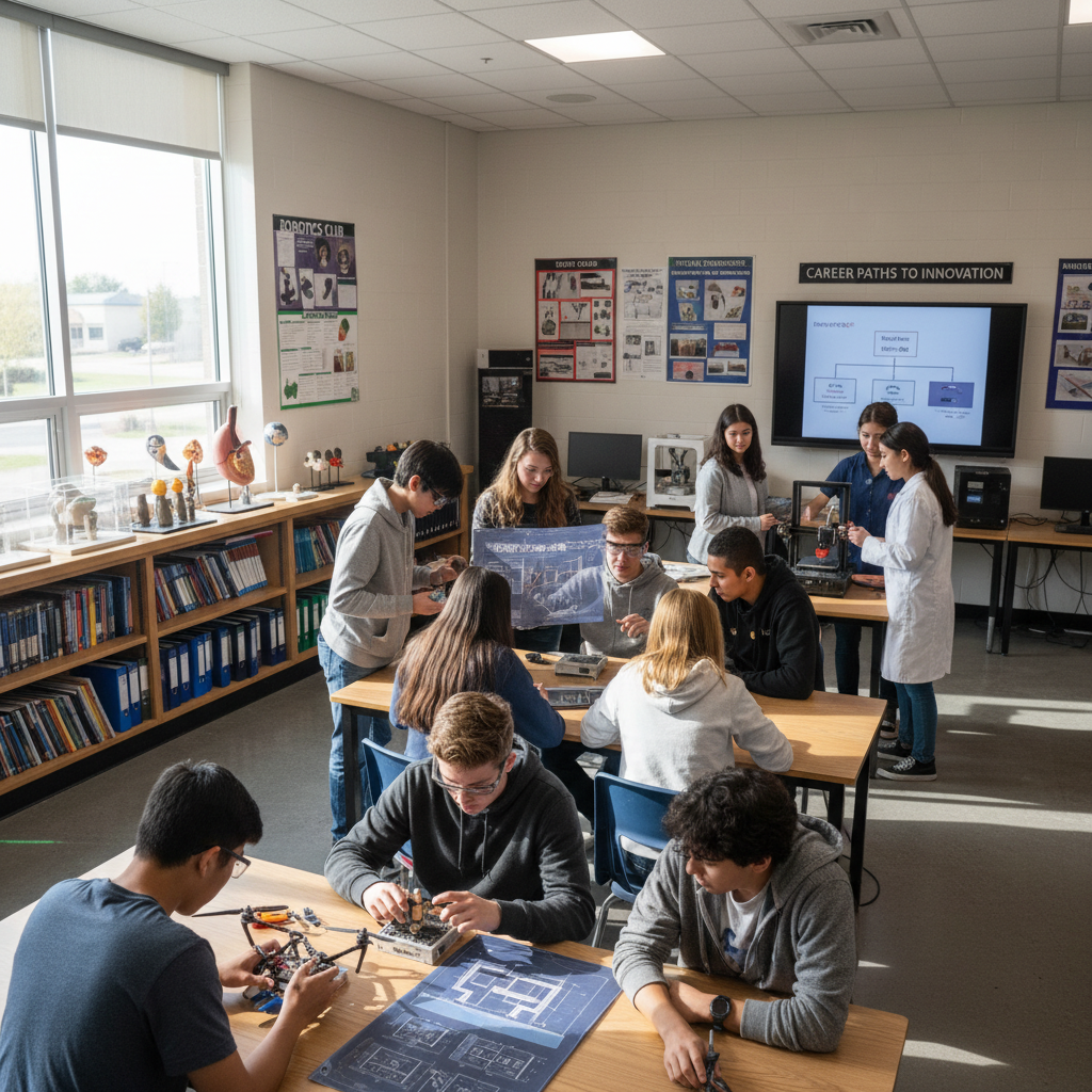 High school students studying together in a bright classroom, notebooks open, collaborative learning environment, warm natural light