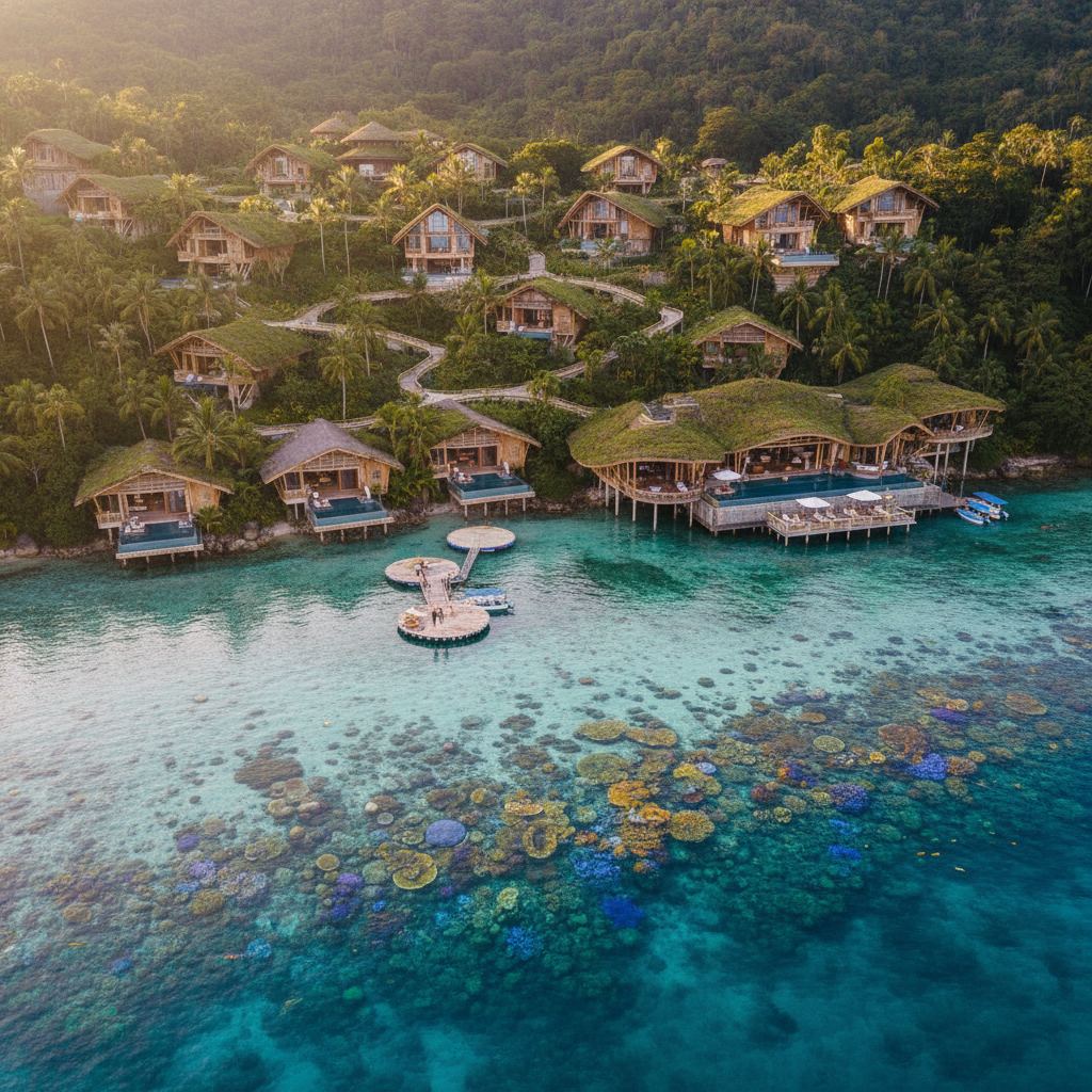 Luxury eco-lodge bungalows nestled in lush tropical rainforest hillside with ocean views
