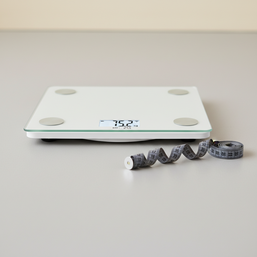 Sleek white smart scale on bathroom floor with app display showing health metrics
