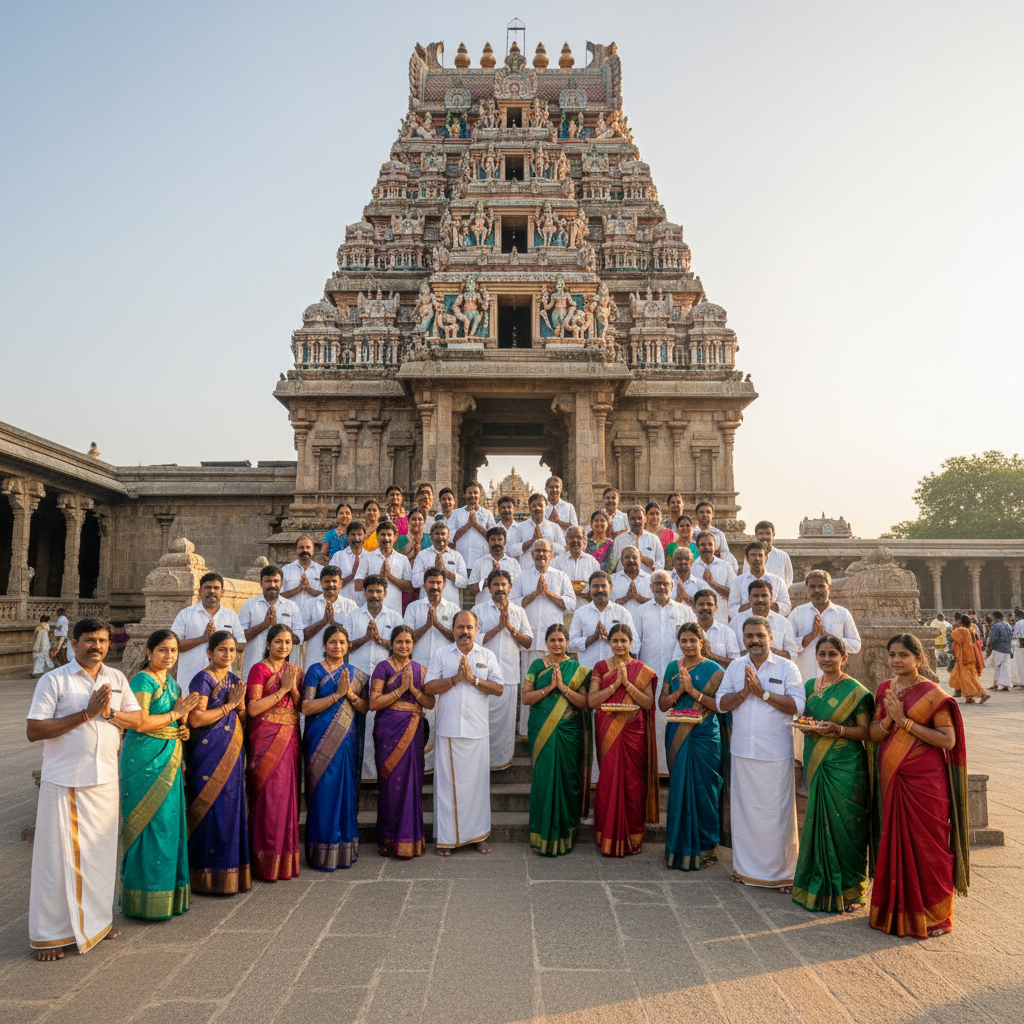Sri Meenakshi Amman Temple trust committee and volunteers standing on the mandapam steps in service whites and silk sarees, gopuram rising behind them in warm afternoon light