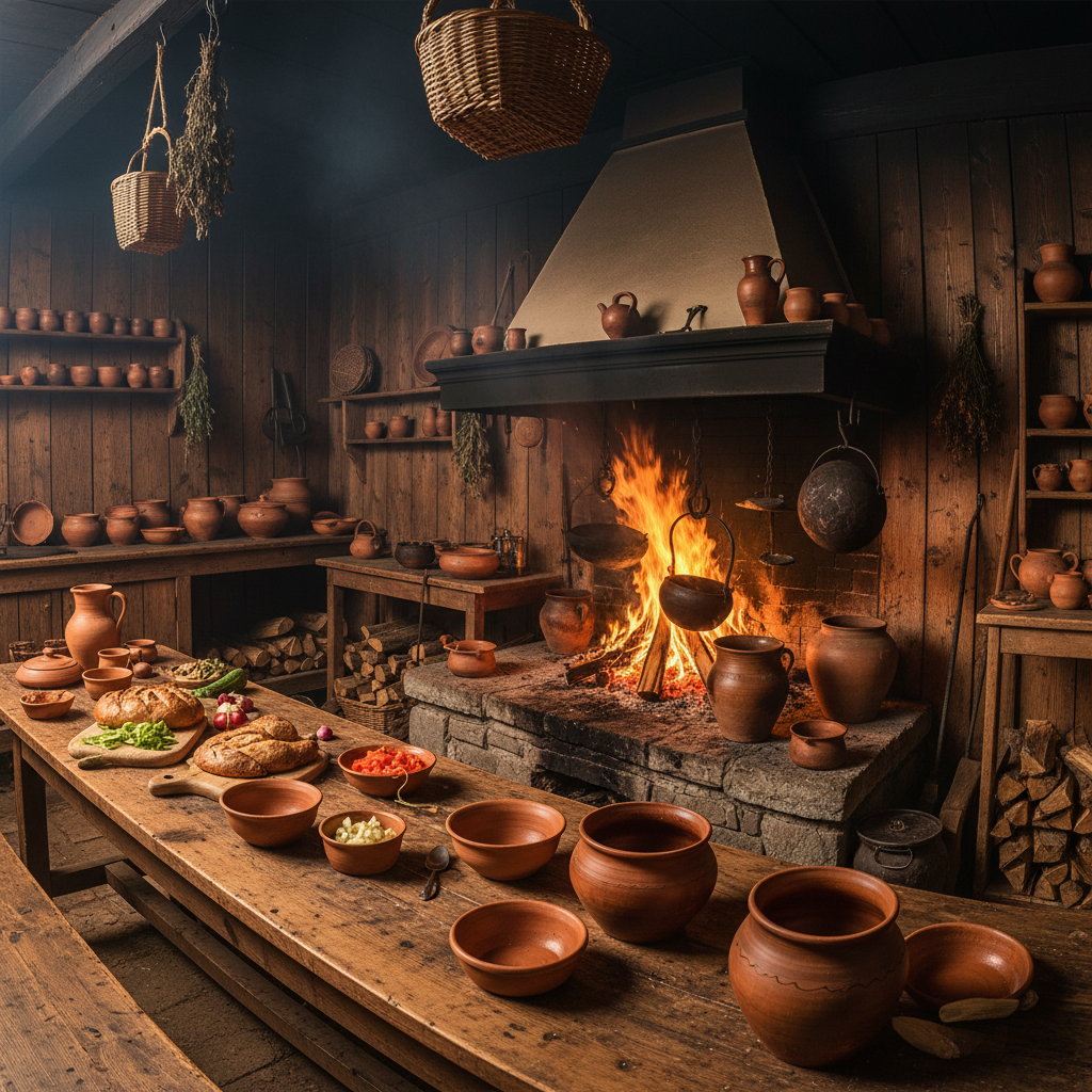 Wood-fired kitchen with warm amber glow and rustic clay cookware