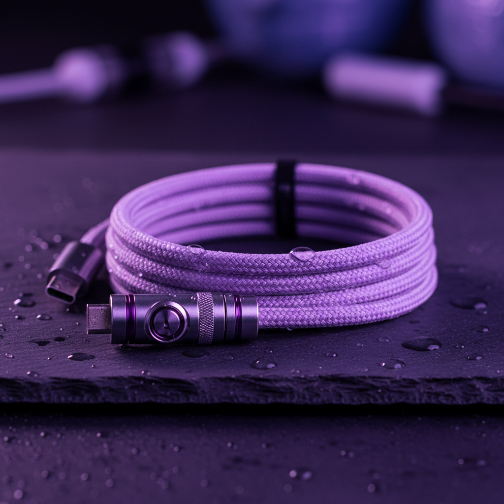 Lavender colored coiled aviator USB-C cable on dark surface with purple ambient light