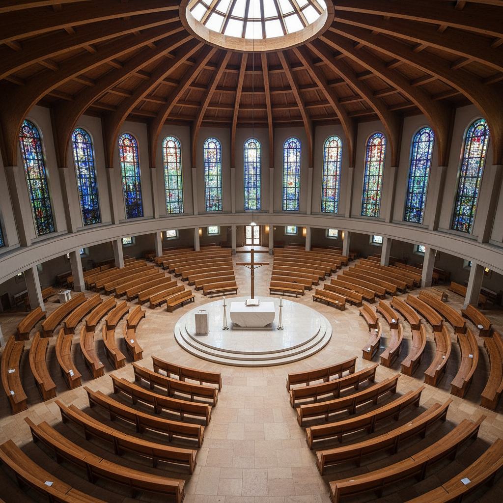 Circular centralised church plan with altar at center and seating radiating outward