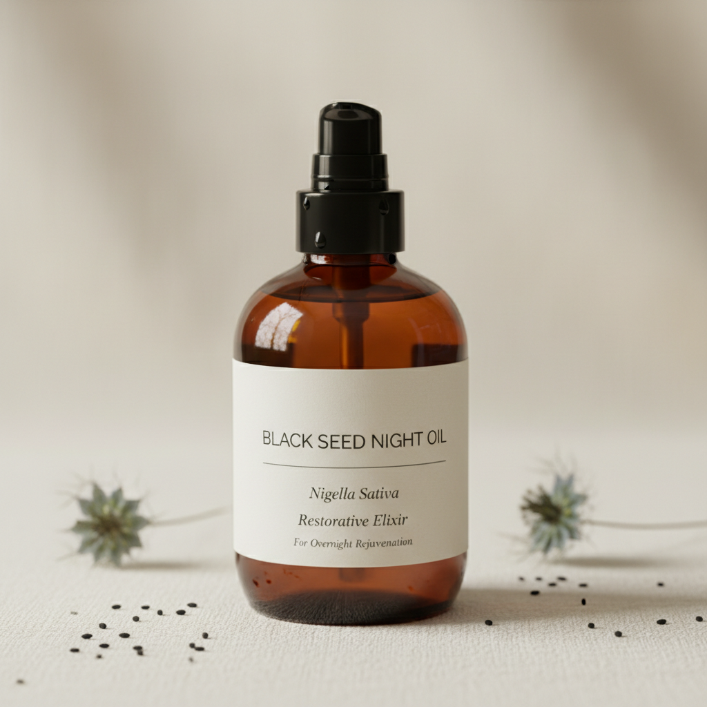 Dark amber glass bottle of black seed night oil on linen surface