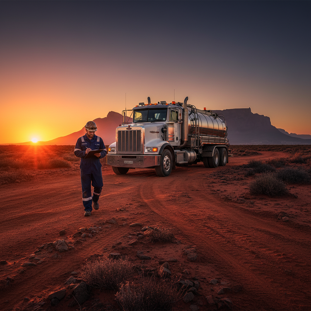 Vacuum tanker truck parked on red Cape earth at dusk, technician in navy overalls walking toward camera with clipboard, Table Mountain silhouette on horizon
