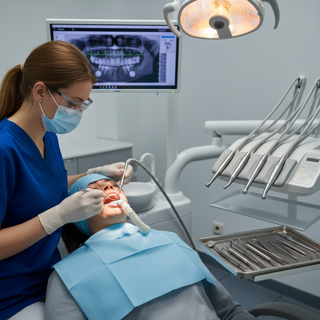 Veterinary dental examination on a dog, clean dental tools, professional dental procedure, bright examination lighting
