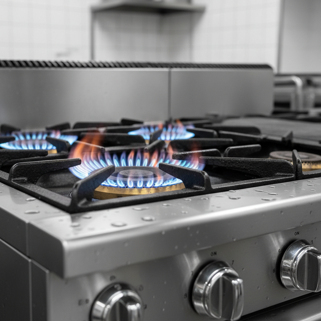 Commercial kitchen range with clean blue flames burning steadily after repair