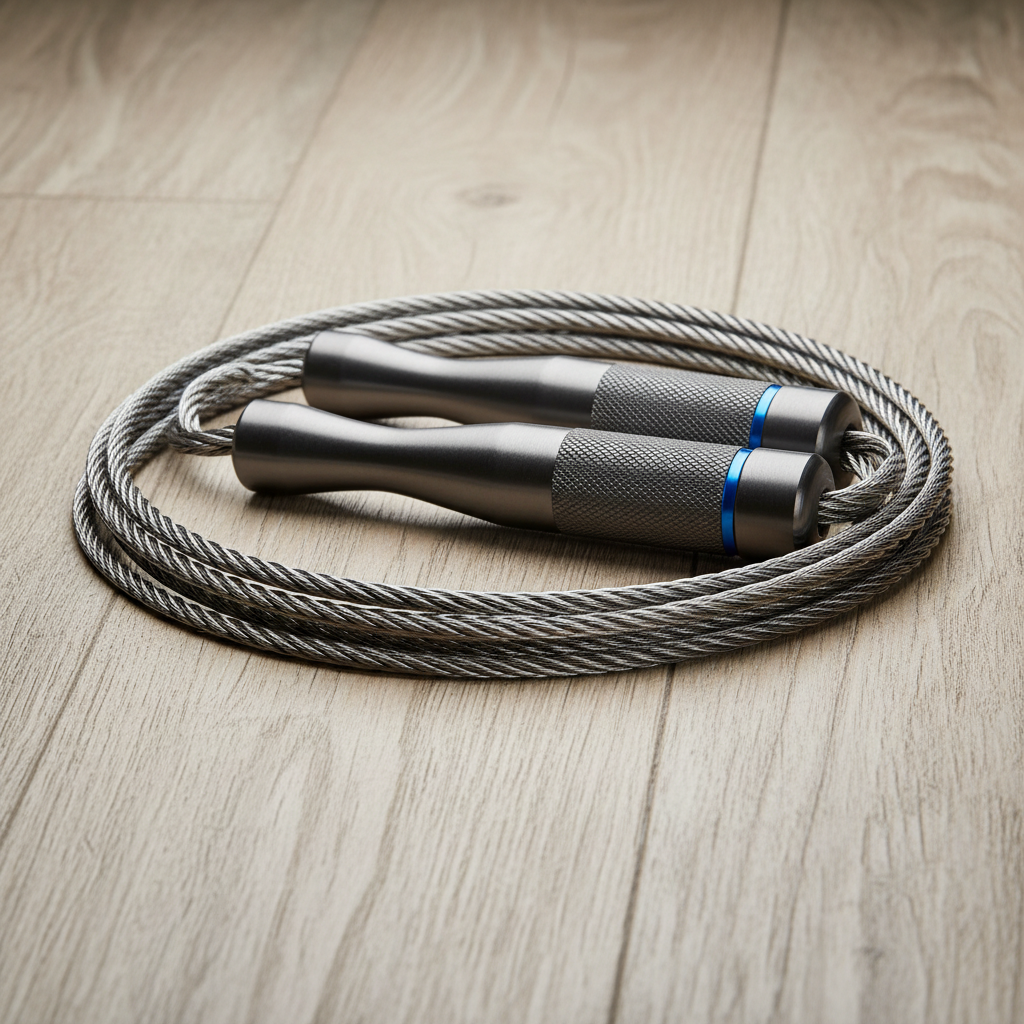 Speed rope with steel cable and aluminum handles on wooden surface