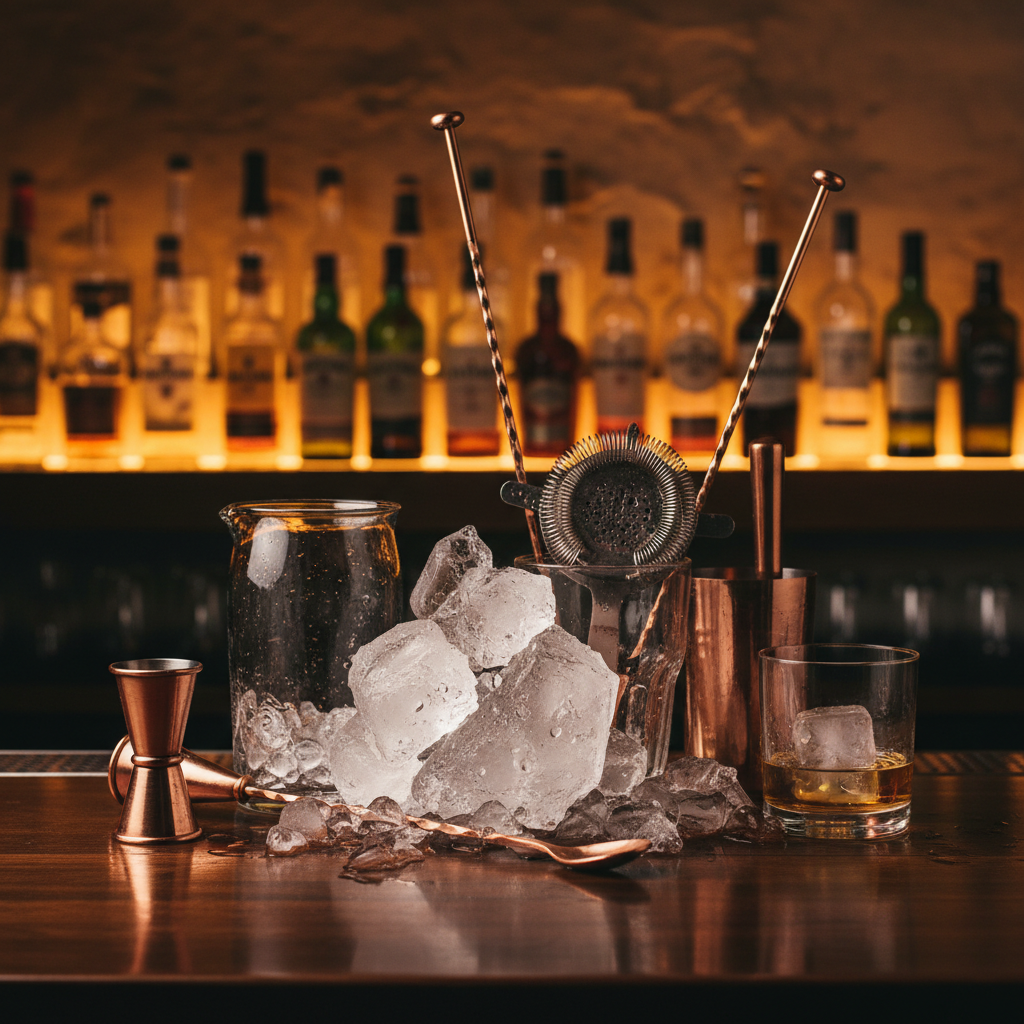 Bar tools and ice in low amber light, late night atmosphere