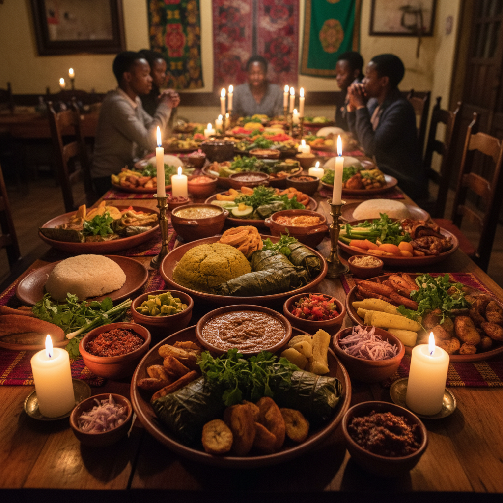 Restaurant dining table set with Ugandan dishes and warm candlelight ambiance