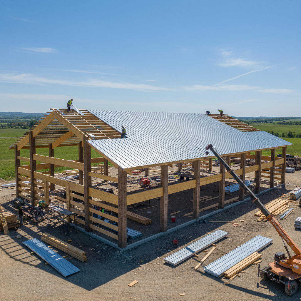 Commercial post-frame building shell with metal roof under construction in rural Kansas