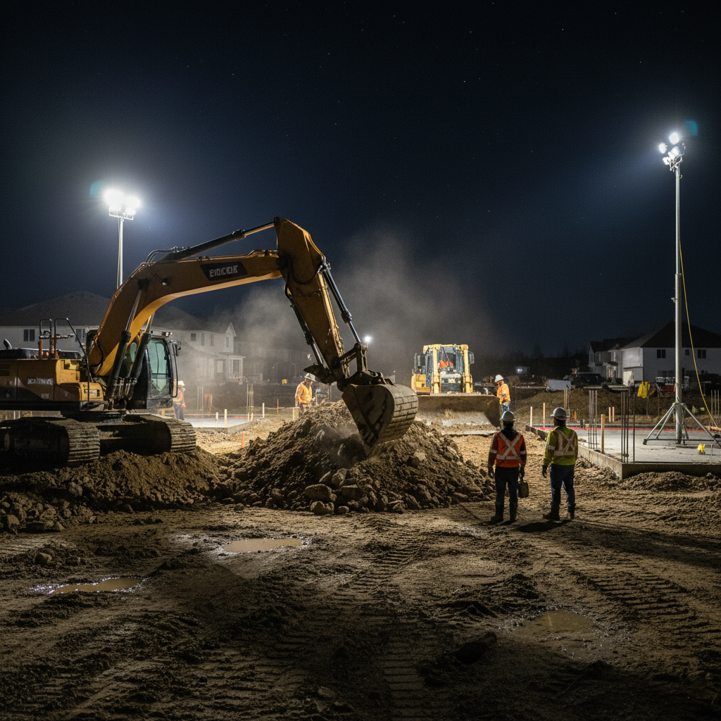 Construction site at night with security lighting, heavy equipment, dark industrial atmosphere