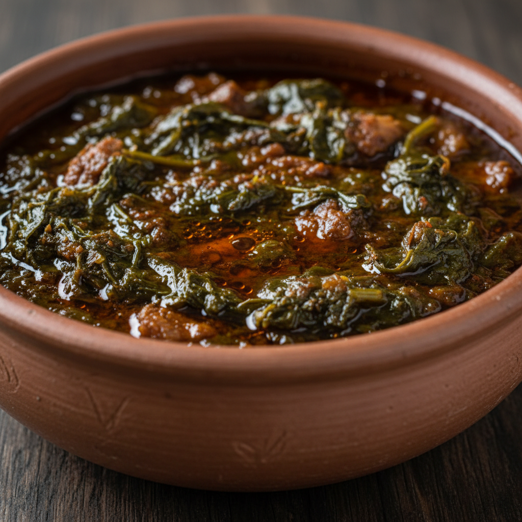 Close-up of gboma dessi stew in a handmade clay bowl, palm oil shimmering amber on the surface, green gboma leaves visible, dark wooden table