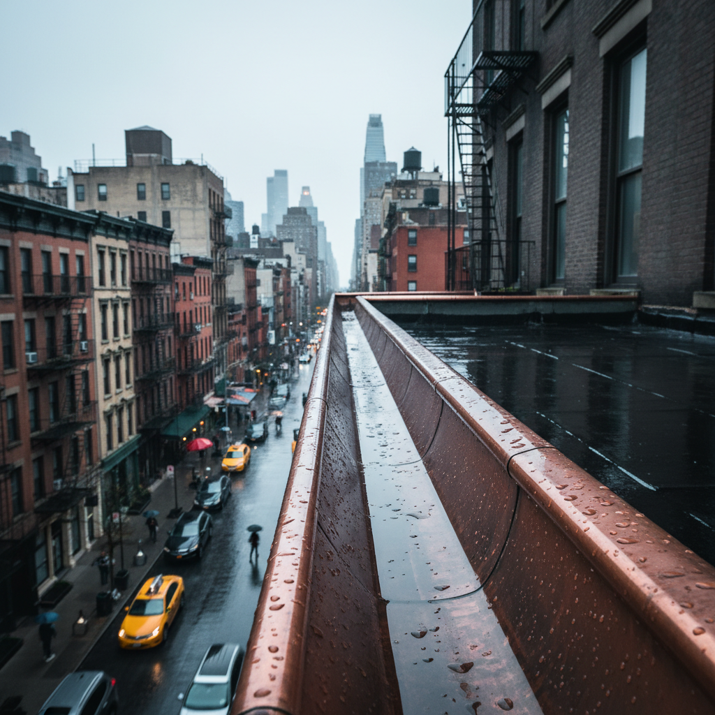 Wide-angle rooftop view looking down a clean copper gutter line toward a rain-slicked Manhattan street below