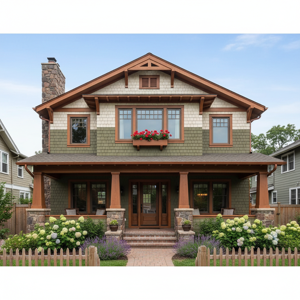 Craftsman-style residential home with covered porch and lush garden