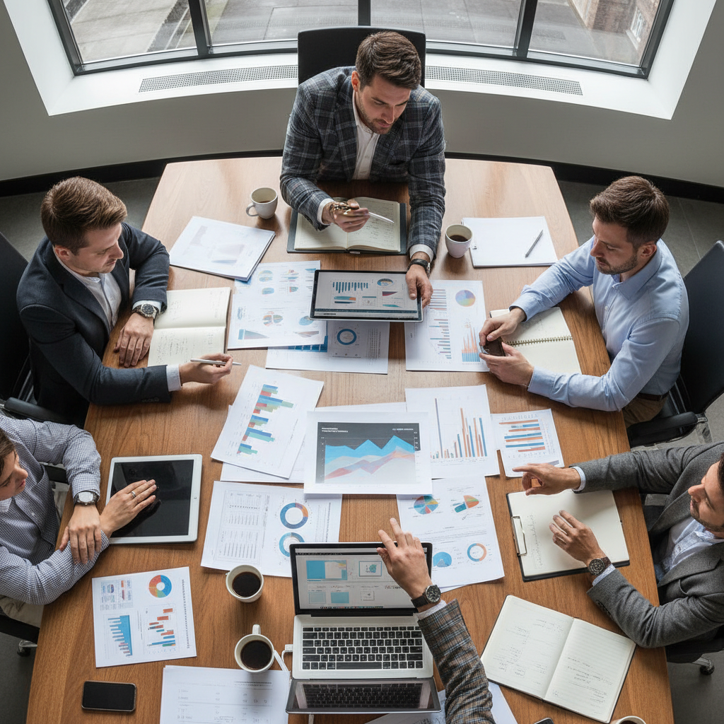 Team reviewing promotional materials on a table