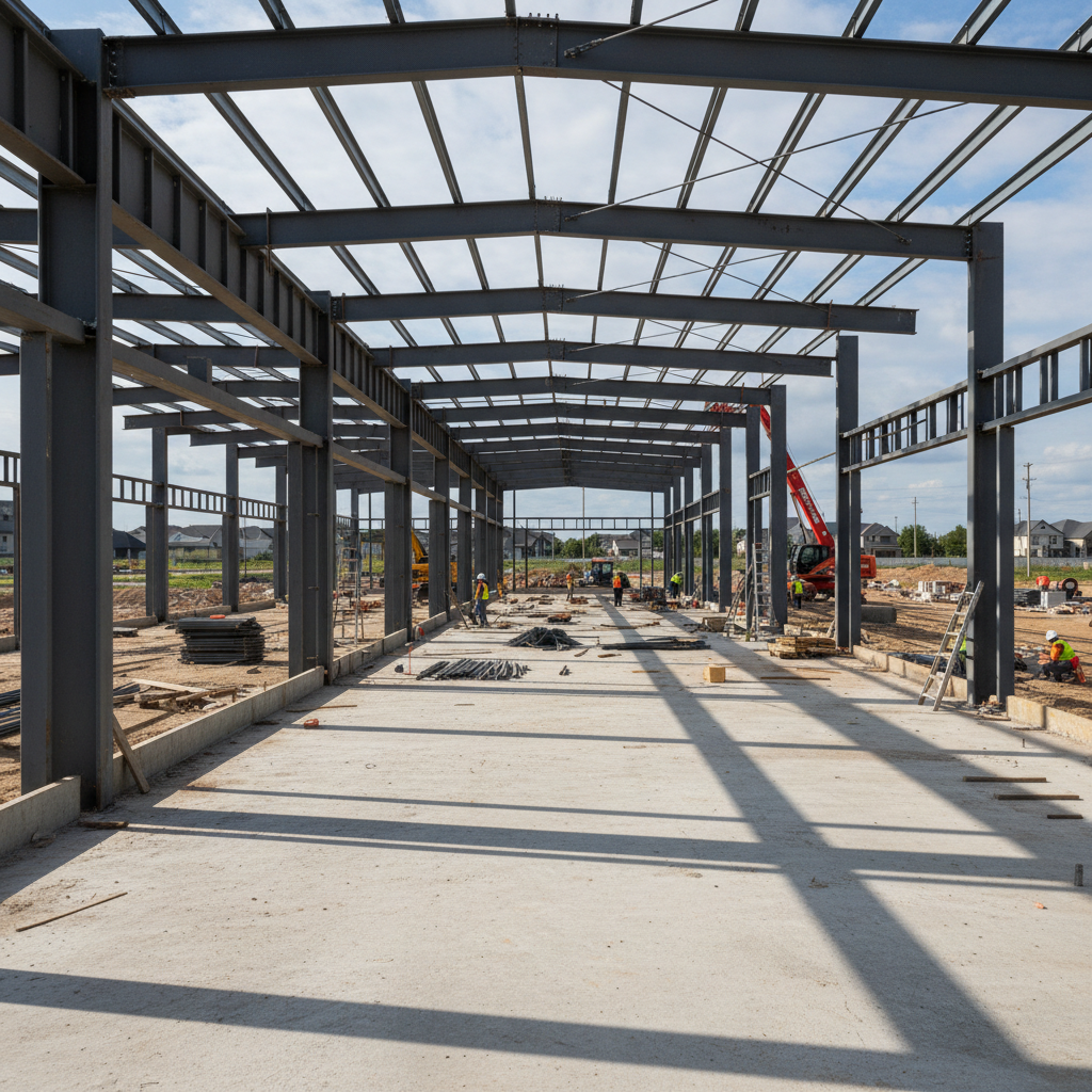 Steel framing structure of a commercial strip mall under construction in Texas
