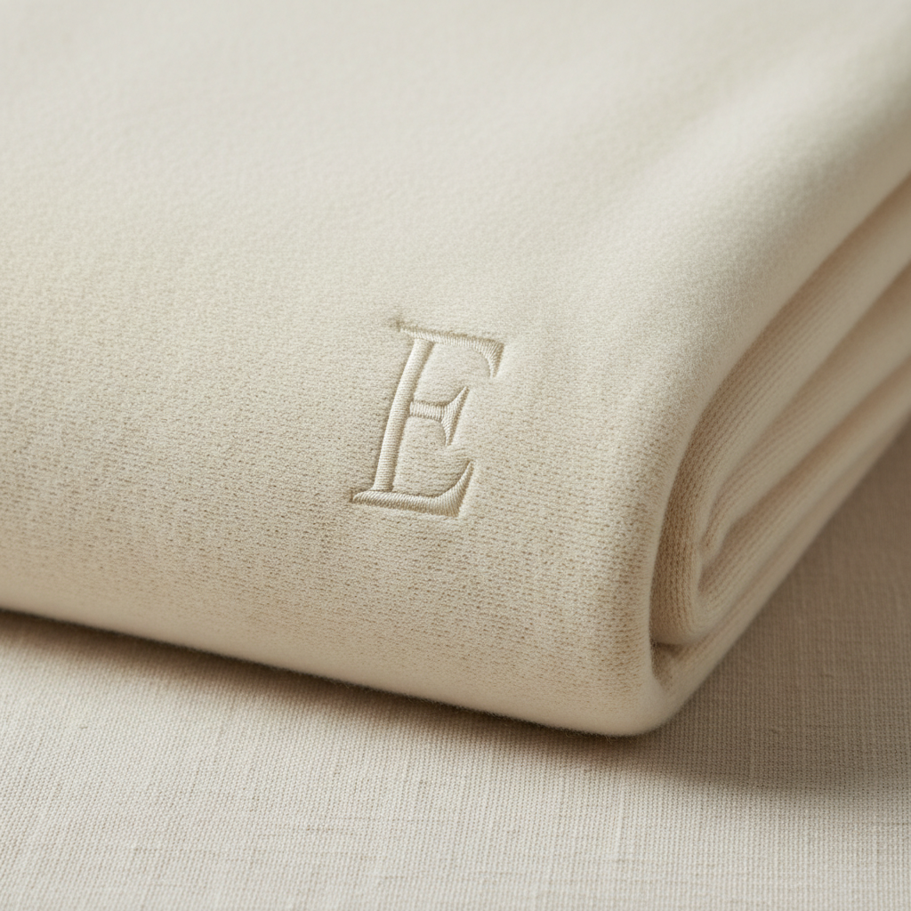 Folded ivory cashmere blanket with 'E' monogram resting on cream linen