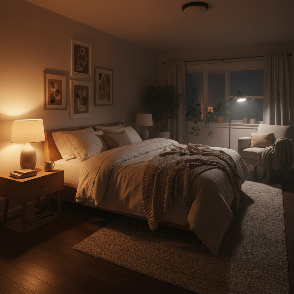 Warm bedroom lamp light at night, cozy and intimate atmosphere