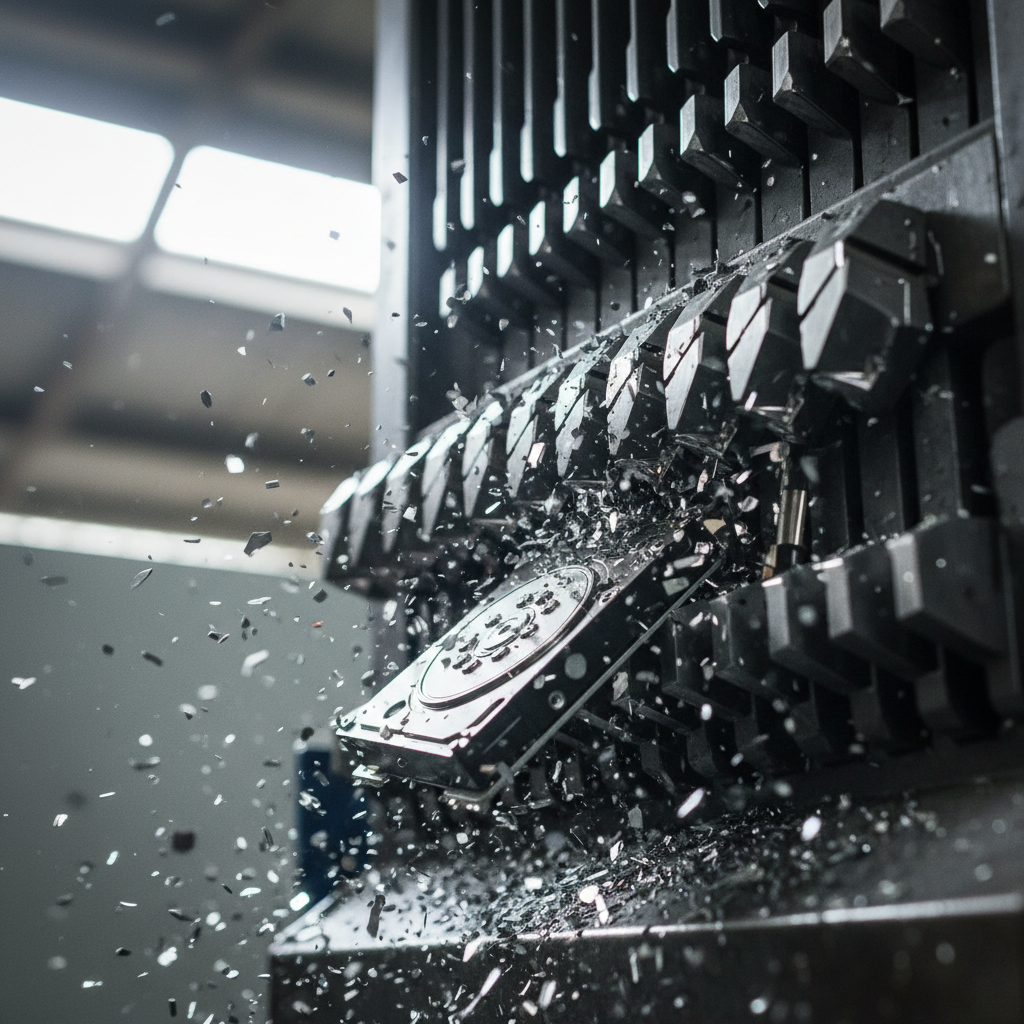 Close-up of hard drive being physically destroyed by industrial shredder with metallic fragments visible, secure data destruction process