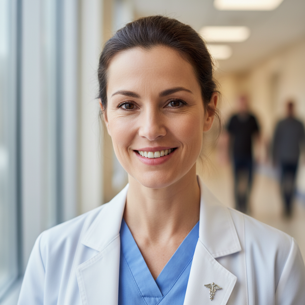 Yolanda, a woman in her late thirties in scrubs, smiling confidently in a hallway