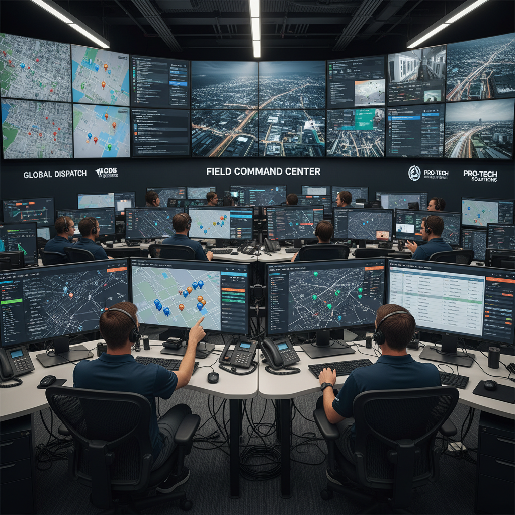 Dark tactical operations center with multiple screens displaying maps and data, dim red ambient lighting, deep shadows, intense focused atmosphere