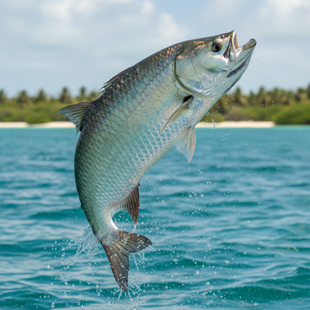 Atlantic tarpon leaping mid-arc, silver scales painted with multi-layer iridescent technique