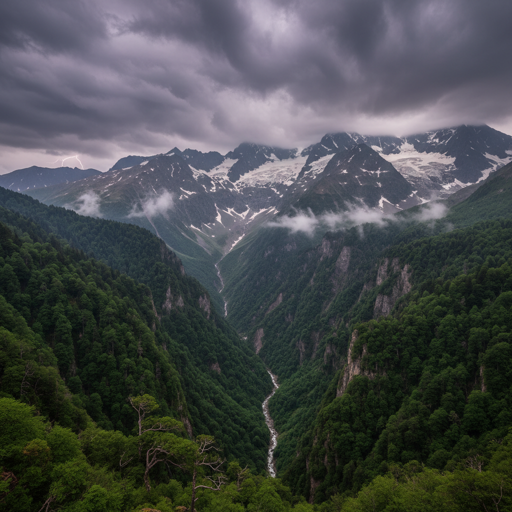 Dramatic mountain landscape with deep green forested gorge and snow-capped Kaçkar peaks under dramatic storm clouds