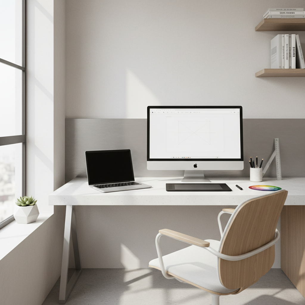 Organized office desk with documents and blueprints, bright airy workspace, natural daylight, clean and minimal
