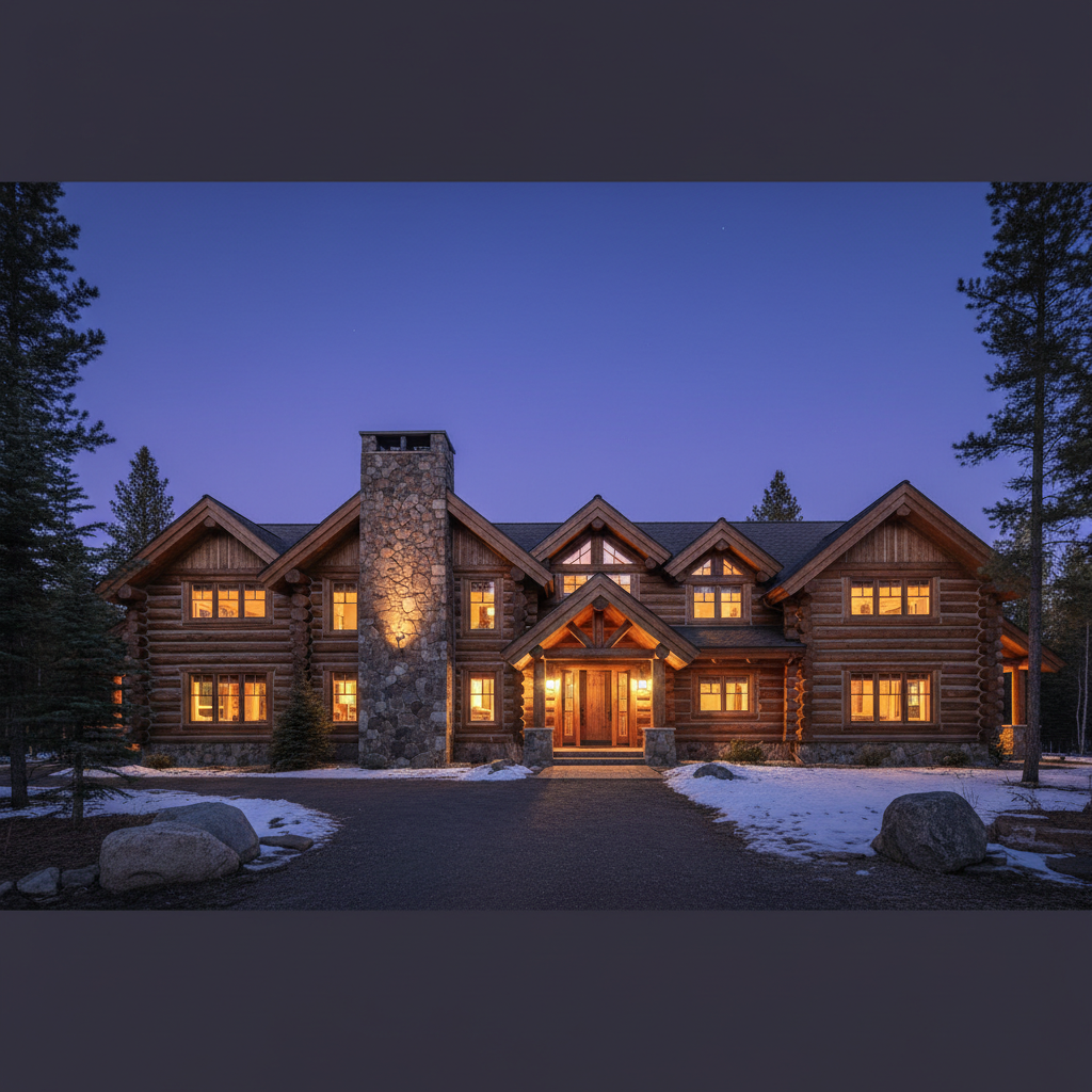 Completed Timberline log home at blue hour — stone chimney with amber light glowing through every window against deep indigo sky