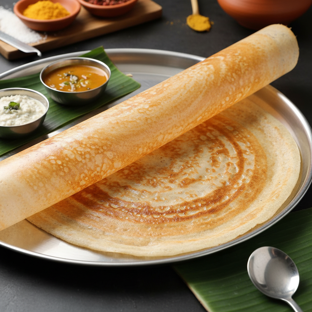 Plain Dosa — Crispy plain dosa with sambar, Indian café food photography with warm colours and appetising presentation