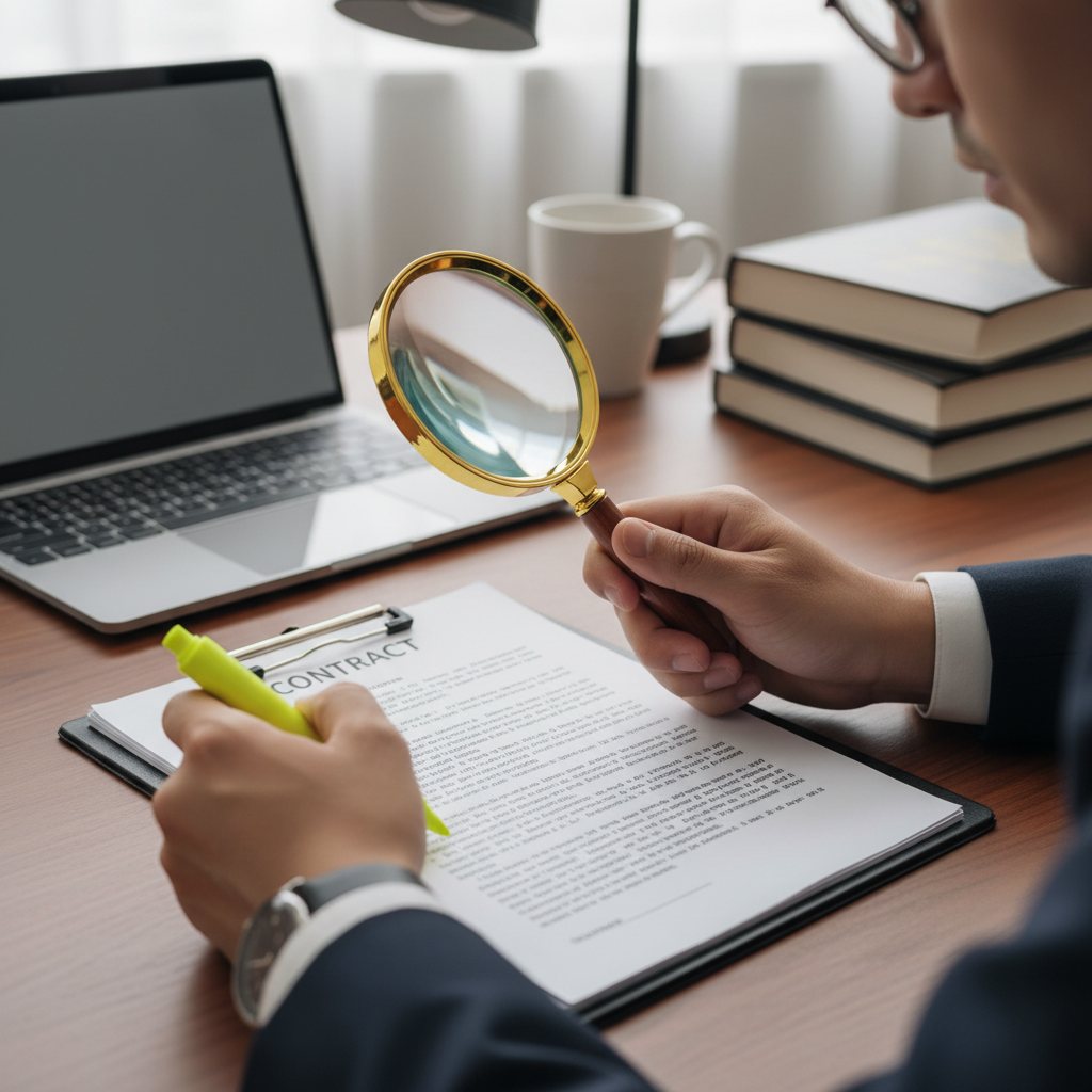 Person reviewing legal documents at a desk with a pen