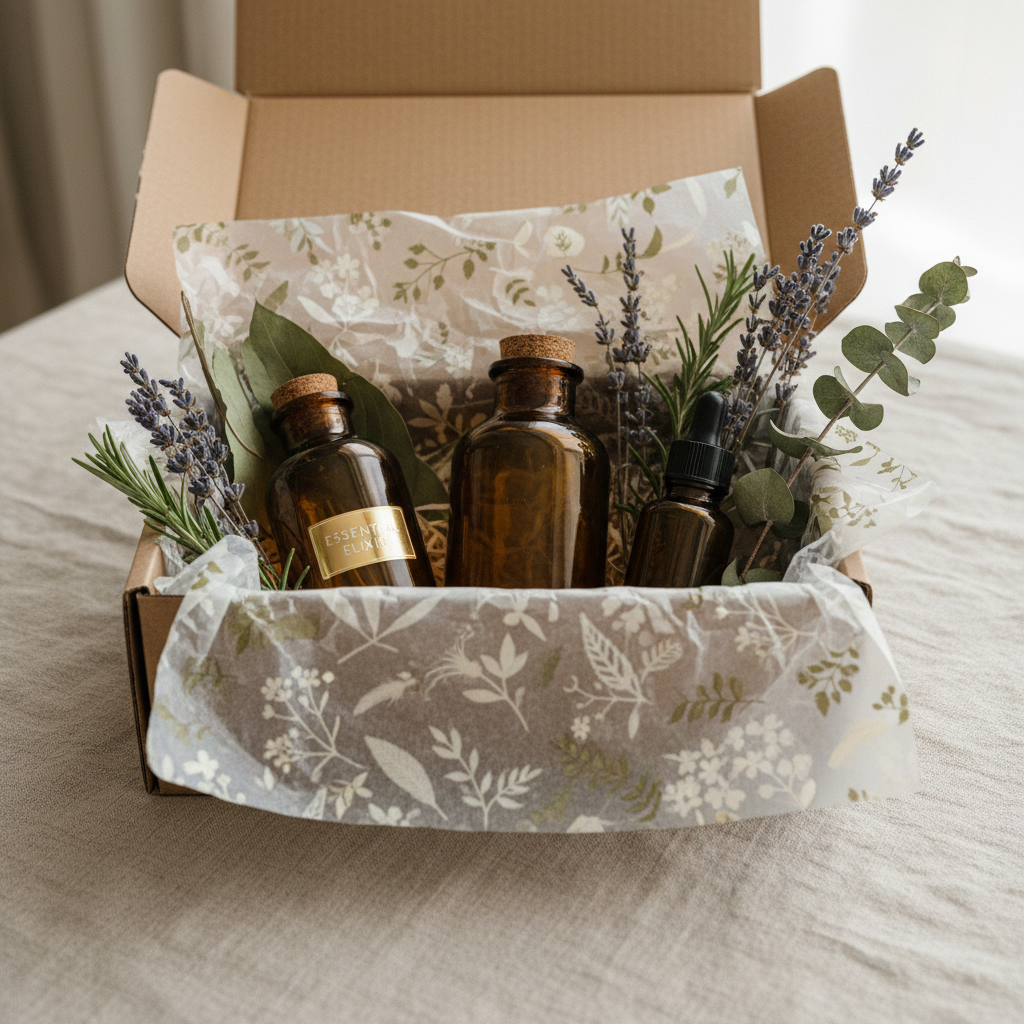 Hands lifting the lid of a subscription box revealing colorful tissue paper inside