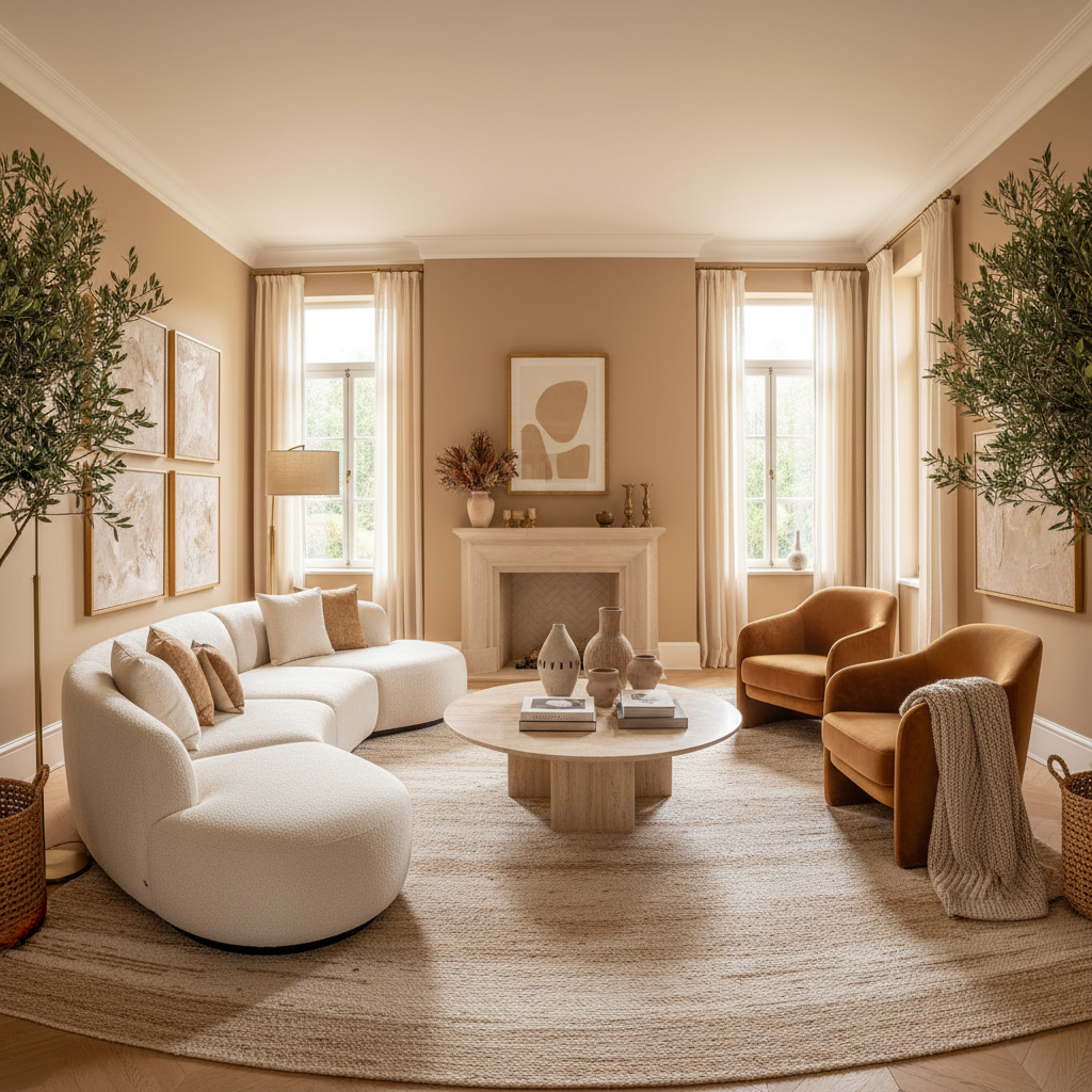 Beautifully designed living room with custom furnishings, warm neutral palette, and architectural details — bright airy well-lit space