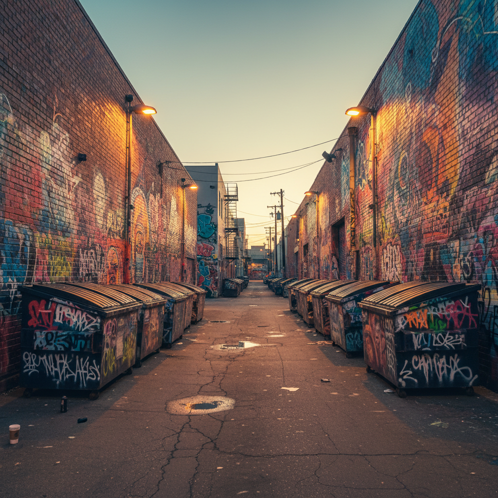 Wide shot of an Arts District alley with dumpsters covered in large wheat-paste artwork under street lighting at dawn