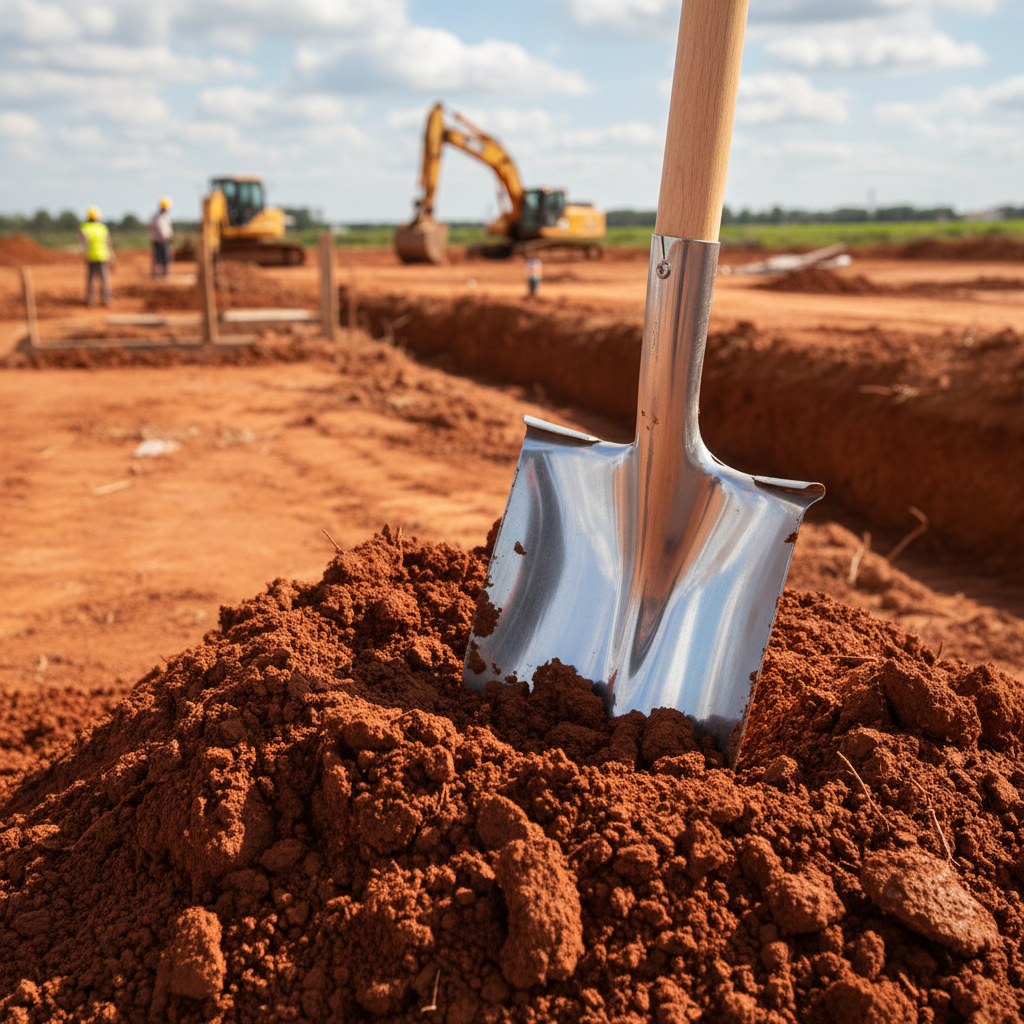 Groundbreaking shovel in red clay soil